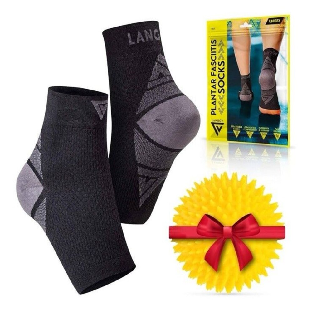 LANGOV Plantar Fasciitis Socks Adult Large + Massager Ball Graduated Compression